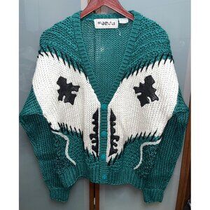 Forum Vintage 80s Color Block Green Chunky Leather Trim Knit Cardigan Sweater Md